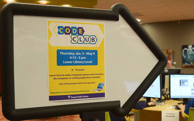 A sign promoting the code club at Tempe Public Library